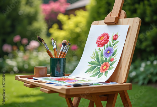 Watercolor painting of flowers on easel in garden