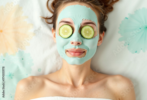 Woman relaxing with face mask and cucumber slices