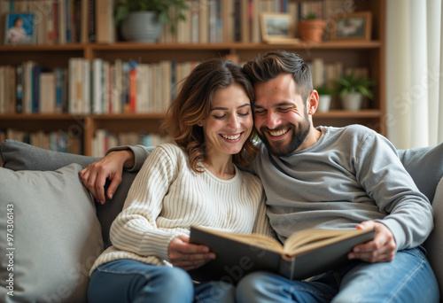 Smiling couple reading a book on cozy couch in library