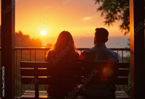 Couple sitting on bench watching sunset over the horizon