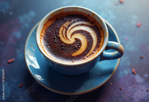Artistic latte with swirl pattern in blue ceramic cup