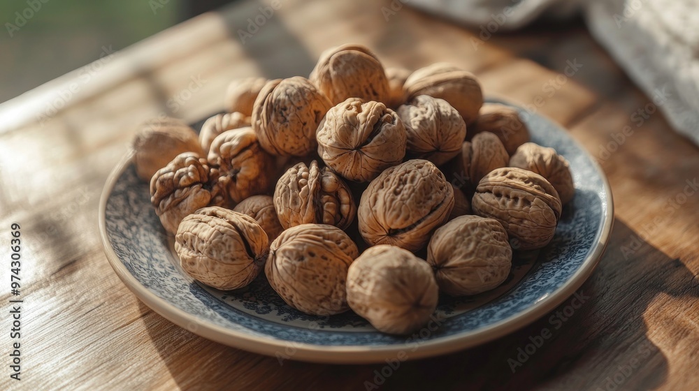 Close Up of Walnuts on a Blue and White Plate Close Up of Walnuts on a Blue and White Plate