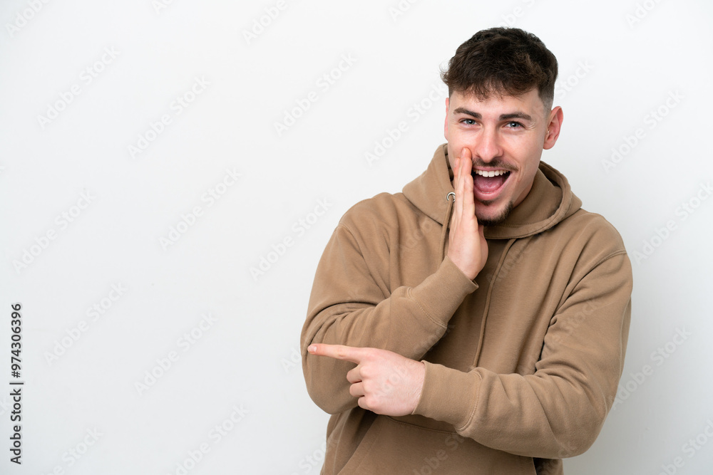 Young caucasian handsome man isolated on white background pointing to the side to present a product and whispering something Young caucasian handsome man isolated on white background pointing to the side to present a product and whispering something