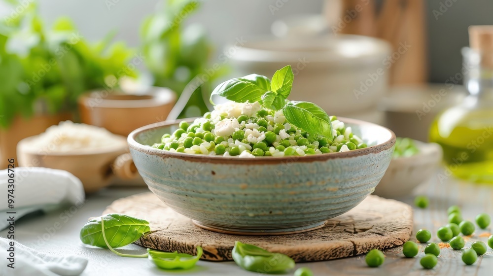 A vibrant green pea risotto with Parmesan cheese and mint, served in a ceramic bowl. A vibrant green pea risotto with Parmesan cheese and mint, served in a ceramic bowl.