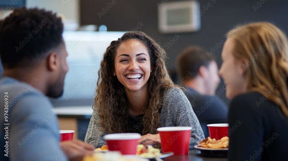 Fototapeta premium Diverse Team Bonding Over Lunch in Relaxed Break Room Atmosphere