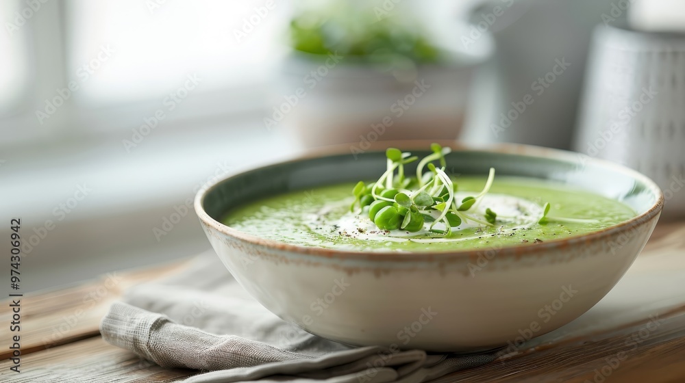 A vibrant green pea soup with crème fraîche and microgreens. A vibrant green pea soup with crème fraîche and microgreens.