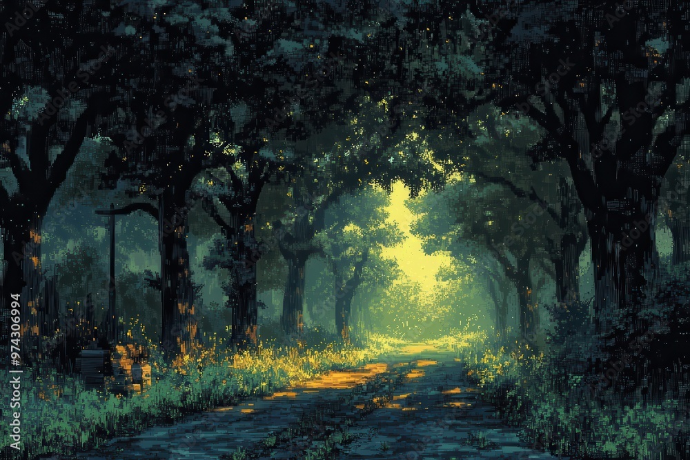 Fototapeta premium Enchanted Pixelated Forest Adventure with Wildlife in Double Exposure Style