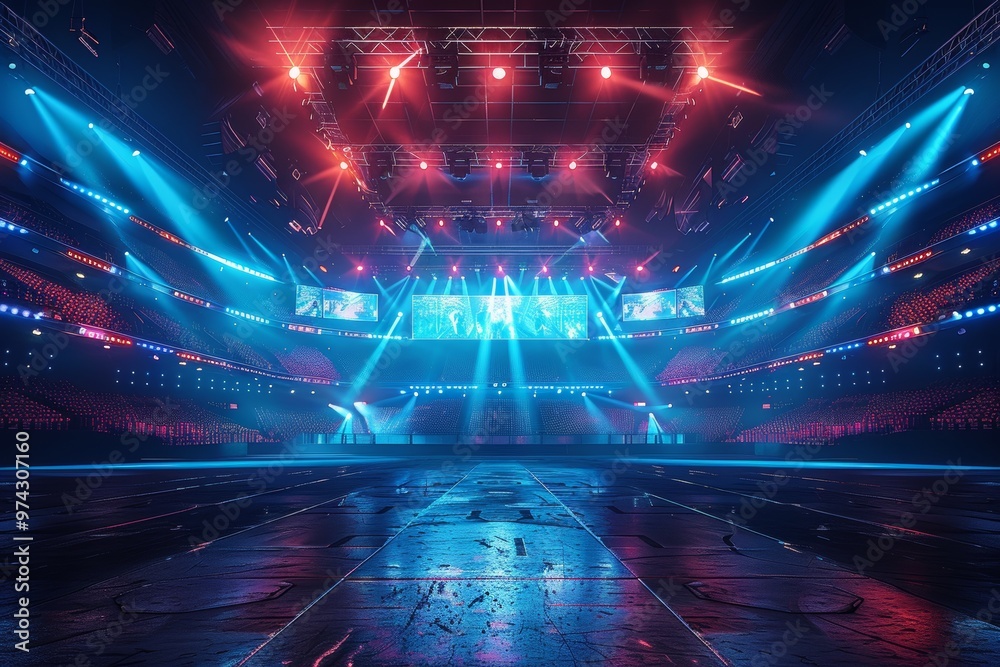 Fototapeta premium A futuristic stage illuminated with blue and red spotlights, ready for a performance or event.