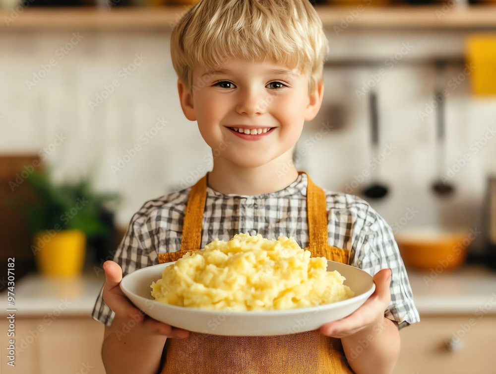 A child holding a plate of mashed potatoes, close-up shot, soft focus on the food, warm kitchen lighting, gentle autumn hues in the background, homey and welcoming A child holding a plate of mashed potatoes, close-up shot, soft focus on the food, warm kitchen lighting, gentle autumn hues in the background, homey and welcoming