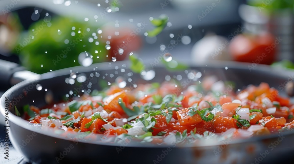 A close-up of simmering marinara sauce with tomatoes, garlic, onions, and herbs. A close-up of simmering marinara sauce with tomatoes, garlic, onions, and herbs.