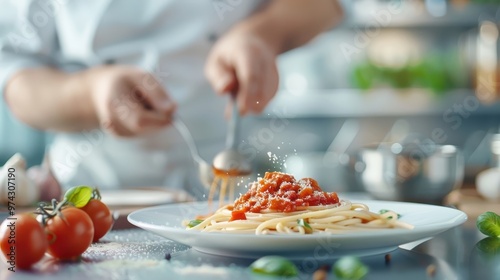 A chef ladling marinara sauce onto a plate of freshly cooked pasta.