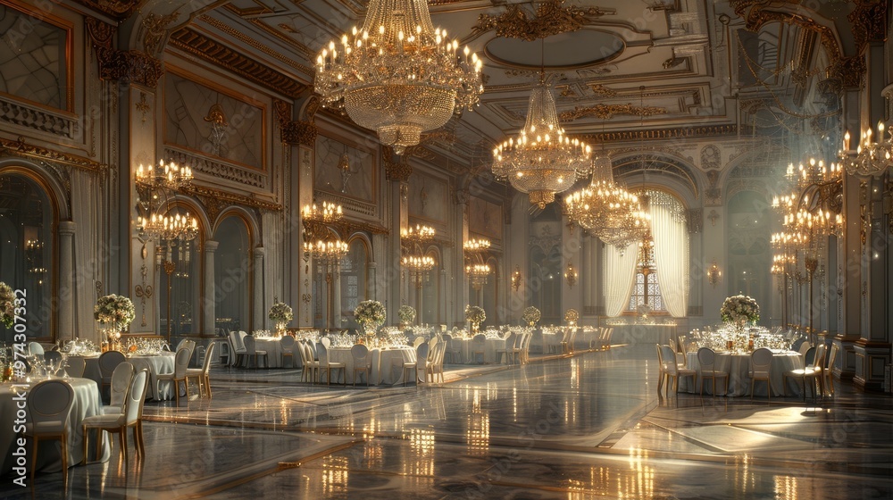 Obraz premium A grand ballroom with chandeliers, white tablecloths, and a polished floor. Sunlight streams through windows, casting a warm glow.