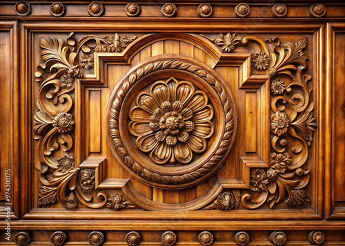 Intricate Wooden Wall Paneling With Carved Moldings, Decorative Rosettes, And A Warm, Antique Finish