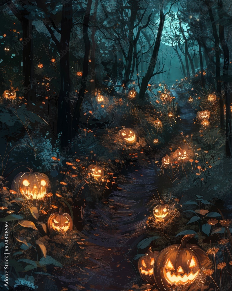 A path through a dark forest lit by glowing jack-o'-lanterns. The path leads to a mysterious destination under a full moon. A path through a dark forest lit by glowing jack-o'-lanterns. The path leads to a mysterious destination under a full moon.