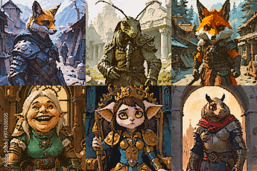 Hybrid portraits and emotions, Pixel art style fantasy character grid