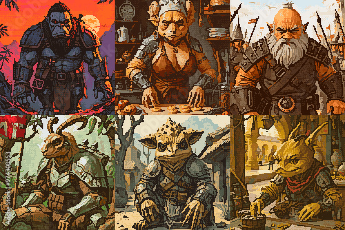 Brutes and merchants, Pixel art style fantasy character grid photo