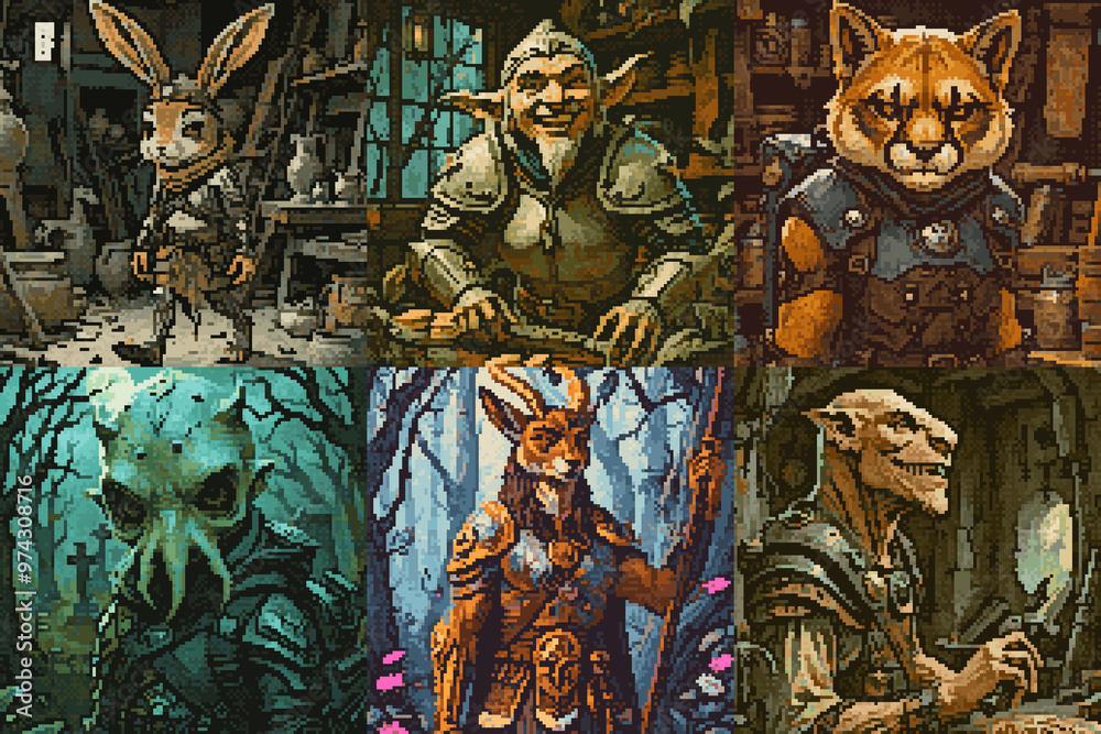 Obraz premium Characters seeking their fortune with any means necessary, Pixel art style fantasy character grid
