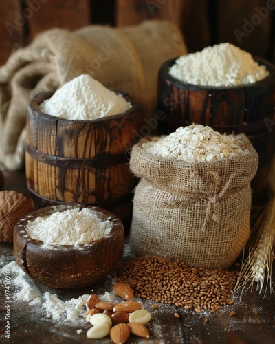 A rustic still life with various types of flour in wooden bowls and burlap sacks.