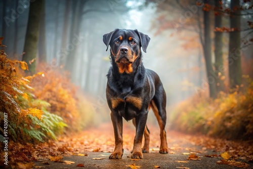 Powerful short-tailed Rottweiler with distinctive black and rust coat, alert ears, and intense gaze, standing on a misty morning forest trail, surrounded by autumn foliage. photo