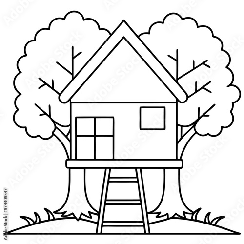 treehouse with grass outline coloring book page line art drawing