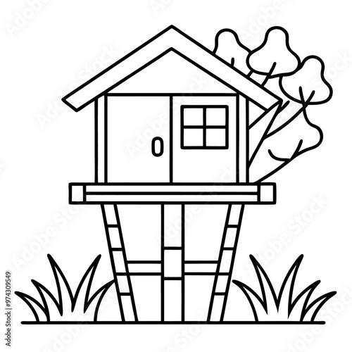 treehouse with grass outline coloring book page line art drawing