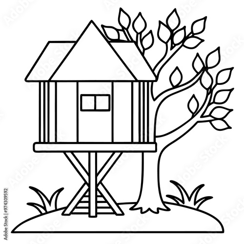 treehouse with grass outline coloring book page line art drawing
