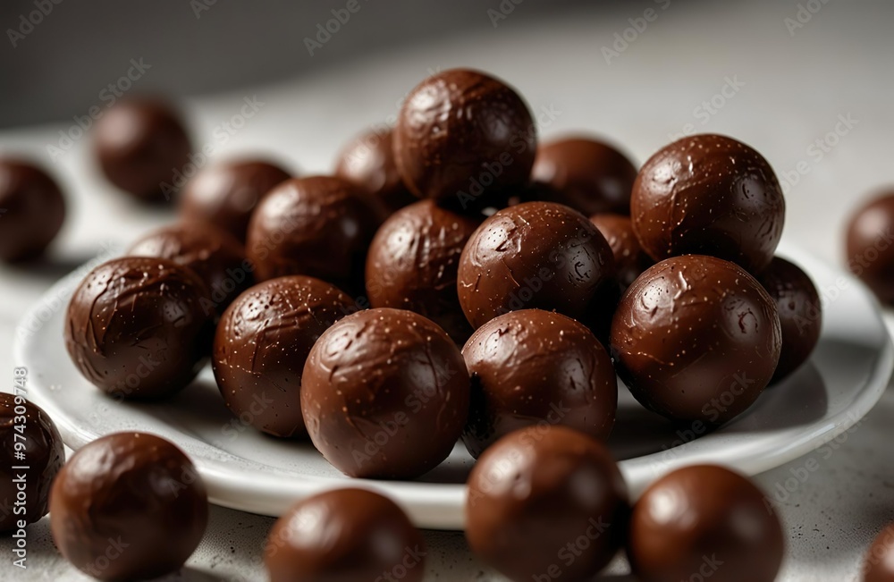 Simple round imperfect dark chocolate coffee hand made luxury candies balls on a white table in a white plate. Simple round imperfect dark chocolate coffee hand made luxury candies balls on a white table in a white plate.