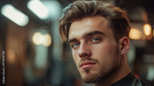 Portrait of a Young Man with Blue Eyes and Stylish Hairstyle photo