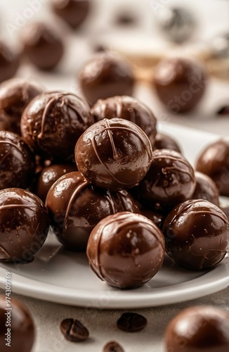 Wallpaper Mural Simple round imperfect dark chocolate coffee hand made luxury candies balls on a white table in a white plate.  Torontodigital.ca