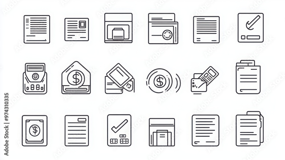 Banking and Transactions thin line icon set. Containing bank, ATM, deposit, withdrawal, credit card, debit card, account balance, money transfer, online banking, transaction history, check Banking and Transactions thin line icon set. Containing bank, ATM, deposit, withdrawal, credit card, debit card, account balance, money transfer, online banking, transaction history, check
