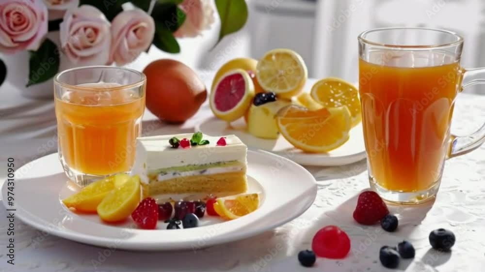 There is a cup of tea on the table and pieces of juice, cake and other things are lying on a white plate along with HD 4K video clip. food, drink, tea, glass, fruit, juice, breakfast, orange, sweet, b There is a cup of tea on the table and pieces of juice, cake and other things are lying on a white plate along with HD 4K video clip. food, drink, tea, glass, fruit, juice, breakfast, orange, sweet, b