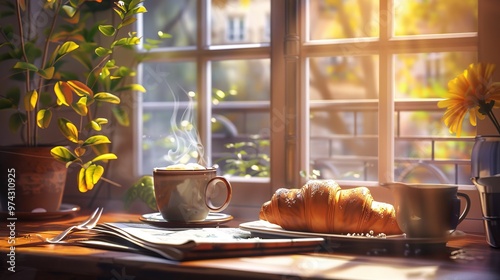 A warm, inviting windowsill scene with a cup of coffee, croissant, and a book.  Sunlight streams in, creating a cozy atmosphere. photo