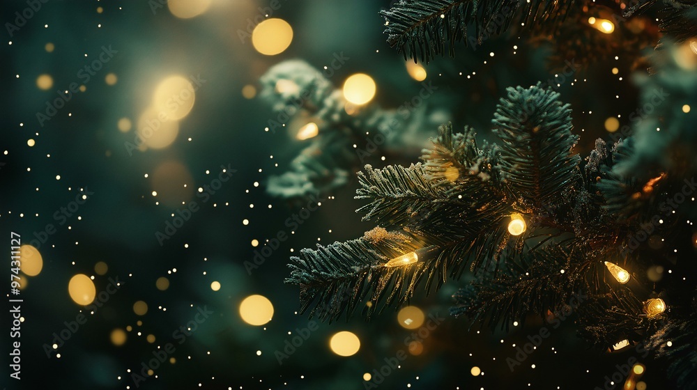 Close-up of Christmas Tree Branch with Snowflakes and Warm Festive Lights Creating a Cozy Holiday Atmosphere Close-up of Christmas Tree Branch with Snowflakes and Warm Festive Lights Creating a Cozy Holiday Atmosphere