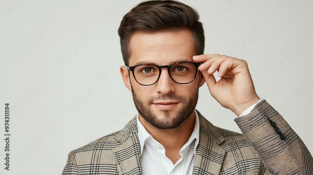 Close-Up Portrait of a Calm and Confident Man Adjusting Glasses, Wearing a Stylish Plaid Suit with a Soft Smile Close-Up Portrait of a Calm and Confident Man Adjusting Glasses, Wearing a Stylish Plaid Suit with a Soft Smile