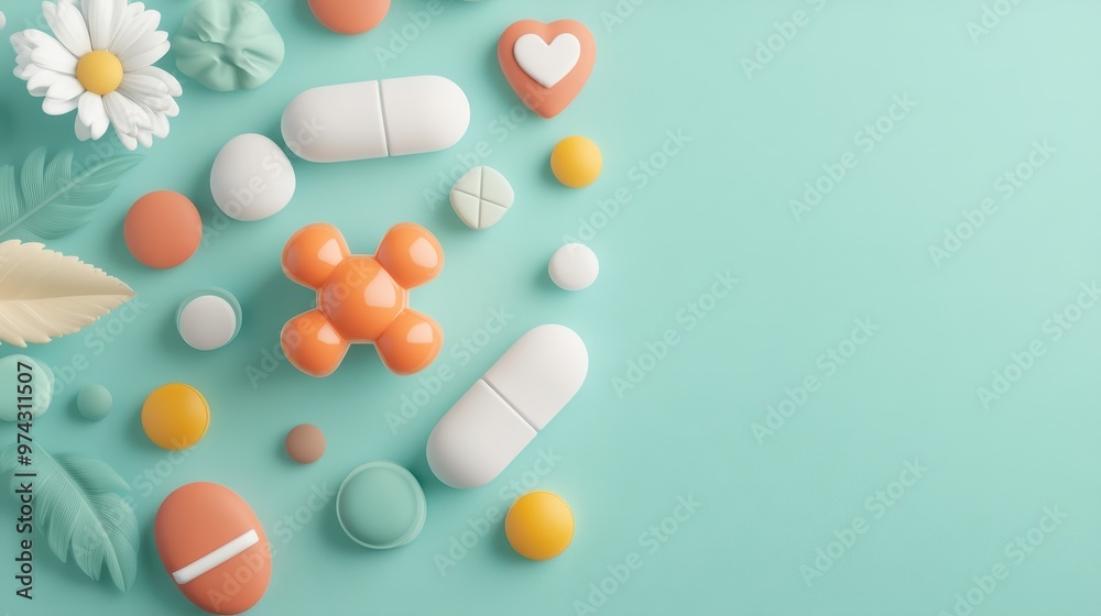 Minimalist Medical Backdrop with 3D Insulin Molecule and Icons Minimalist Medical Backdrop with 3D Insulin Molecule and Icons