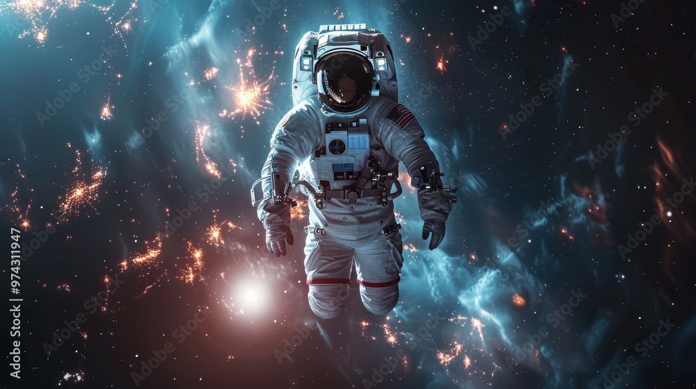 Fototapeta premium An astronaut floats in space, surrounded by swirling nebulae and distant stars. A sense of wonder and exploration fills the image.