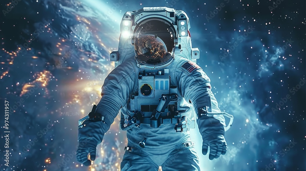 An astronaut in a white spacesuit stands against a backdrop of a vibrant, swirling nebula in deep space. An astronaut in a white spacesuit stands against a backdrop of a vibrant, swirling nebula in deep space.