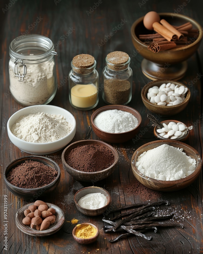 Assortment of baking ingredients on a rustic wooden table. Flour, sugar, spices, nuts, and vanilla beans are arranged in bowls and jars. Assortment of baking ingredients on a rustic wooden table. Flour, sugar, spices, nuts, and vanilla beans are arranged in bowls and jars.