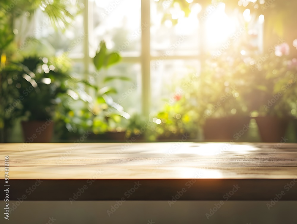 Empty wooden table top with blurred background of a window with green plants and sunshine. Empty wooden table top with blurred background of a window with green plants and sunshine.