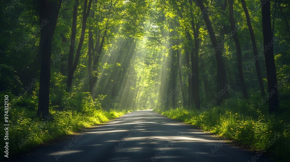 Fototapeta premium A sunlit path through a green forest, with sunlight filtering through the trees.