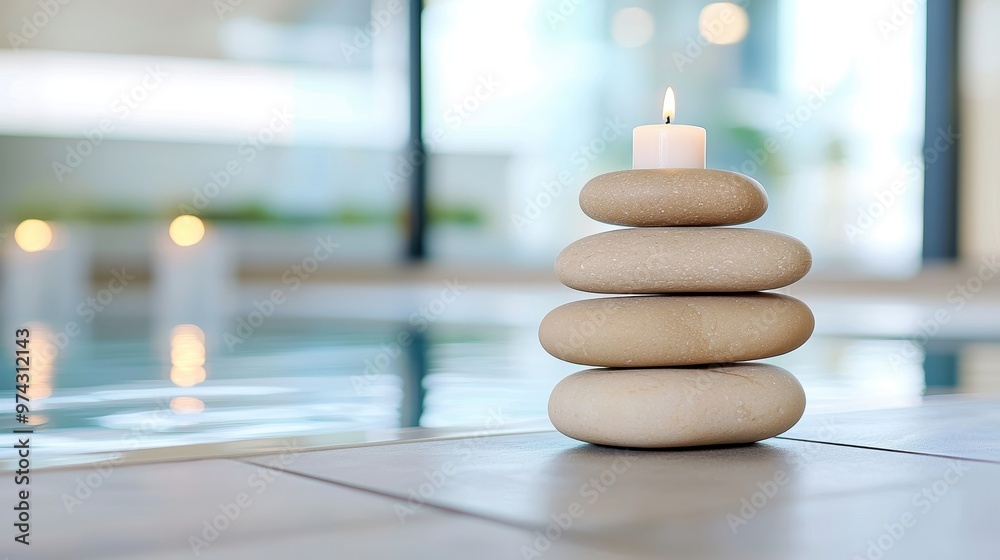 Obraz premium Zen Atmosphere with Candle on Stacked Stones by the Pool