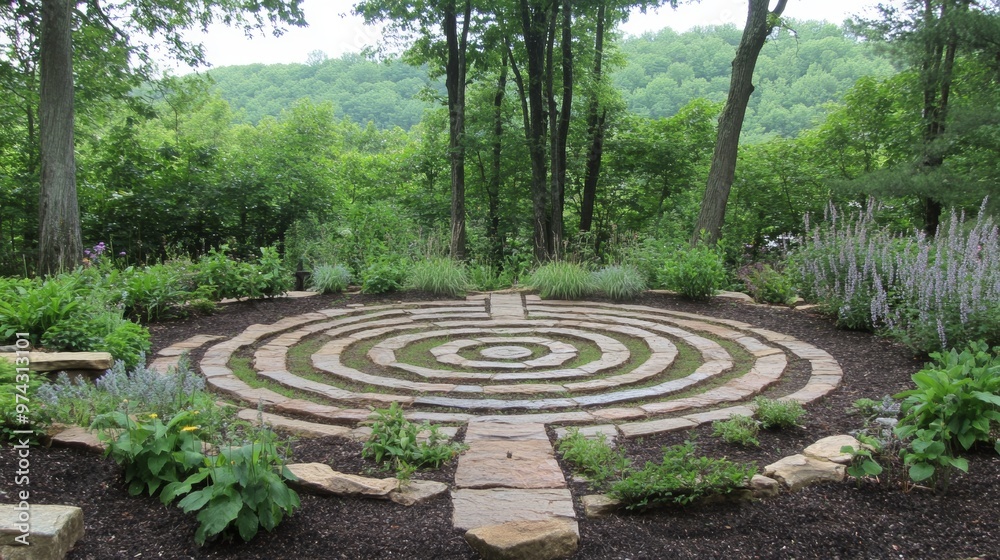 Labyrinth garden path leading to central peaceful area Labyrinth garden path leading to central peaceful area