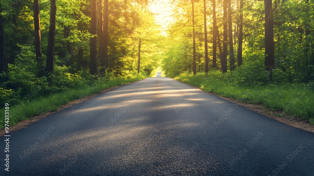 Obraz premium A paved road winds through a lush green forest with the sun shining through the trees.