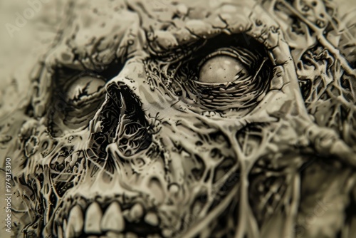 Close-up of a decaying, skeletal face with one eye open, revealing a horrifying visage.