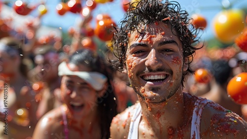 La Tomatina celebration, people covered in tomatoes, vibrant scene photo