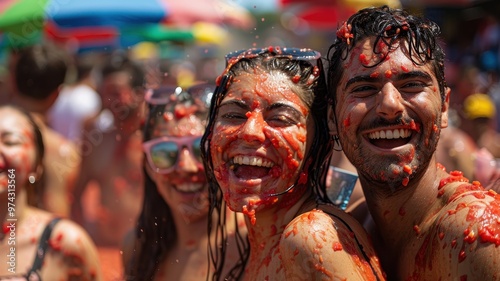 La Tomatina celebration, people covered in tomatoes, vibrant scene photo