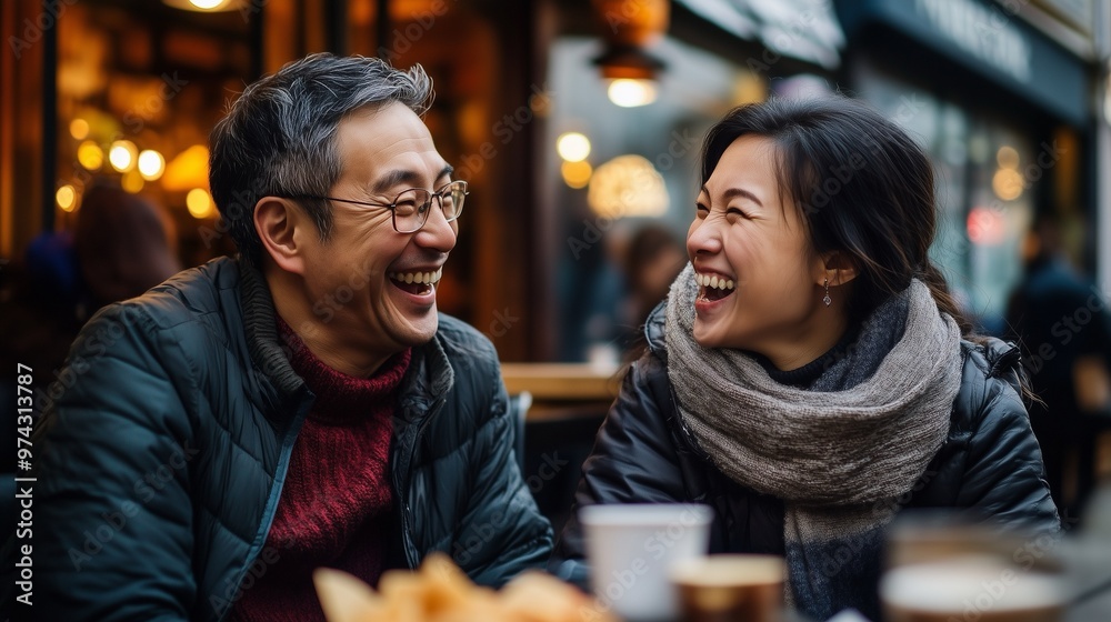 Happy Couple Laughing Together at Cafe Happy Couple Laughing Together at Cafe