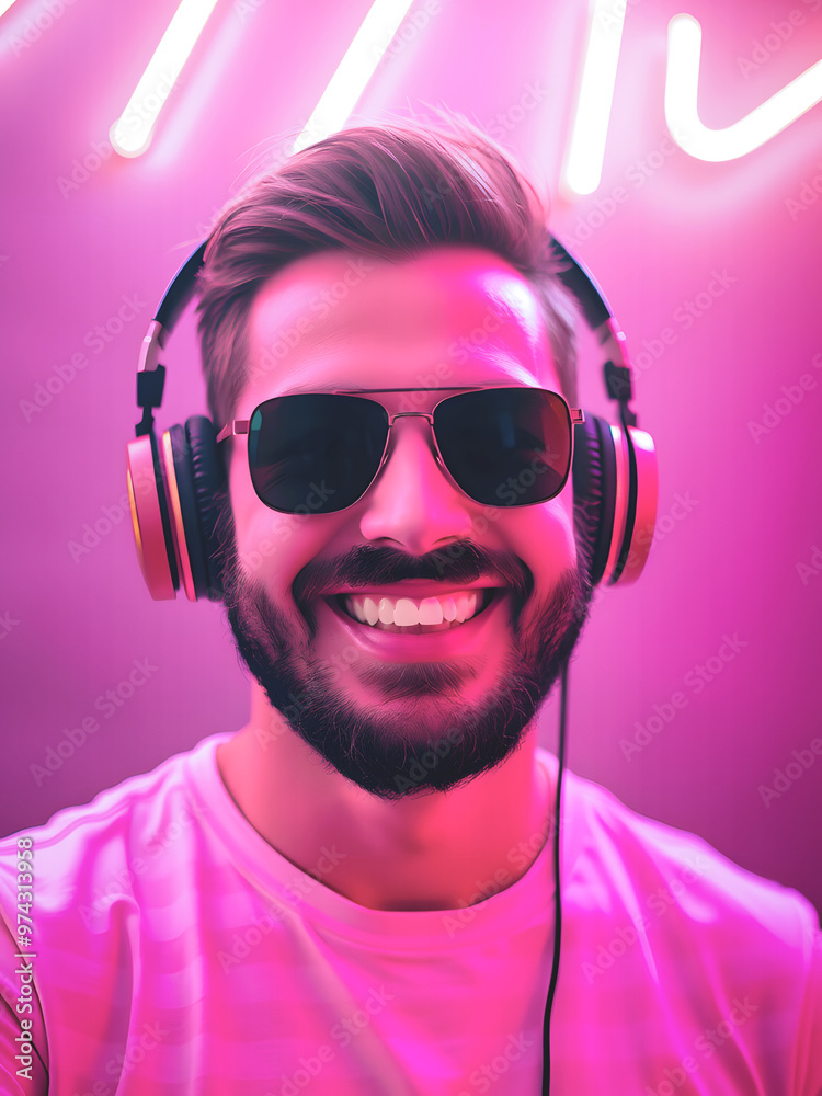 Smiling young man wearing sunglasses and headphones, illuminated by neon lighting, below a neon sign Smiling young man wearing sunglasses and headphones, illuminated by neon lighting, below a neon sign