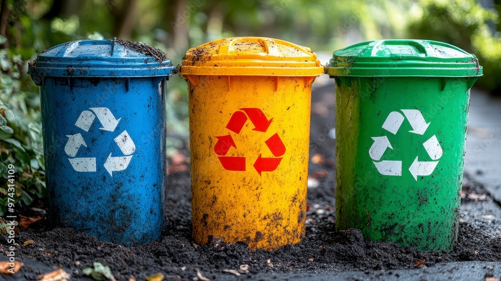 Three recycling bins in blue, yellow, and green, promoting waste separation and recycling. Three recycling bins in blue, yellow, and green, promoting waste separation and recycling.