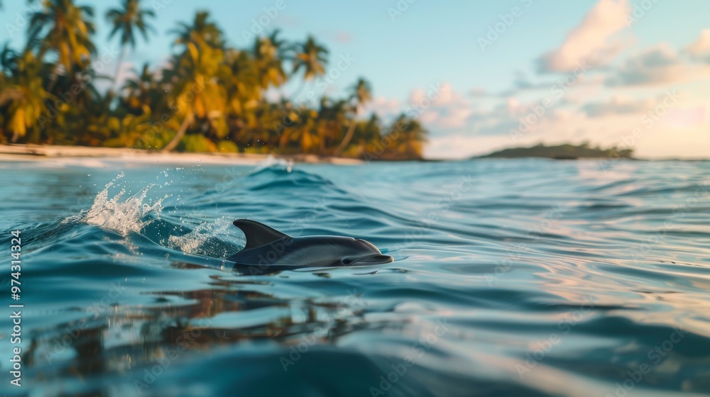 Obraz premium A dolphin playfully swims near a tropical beach under a bright sky with palm trees. The clear water sparkles in the sunlight.
